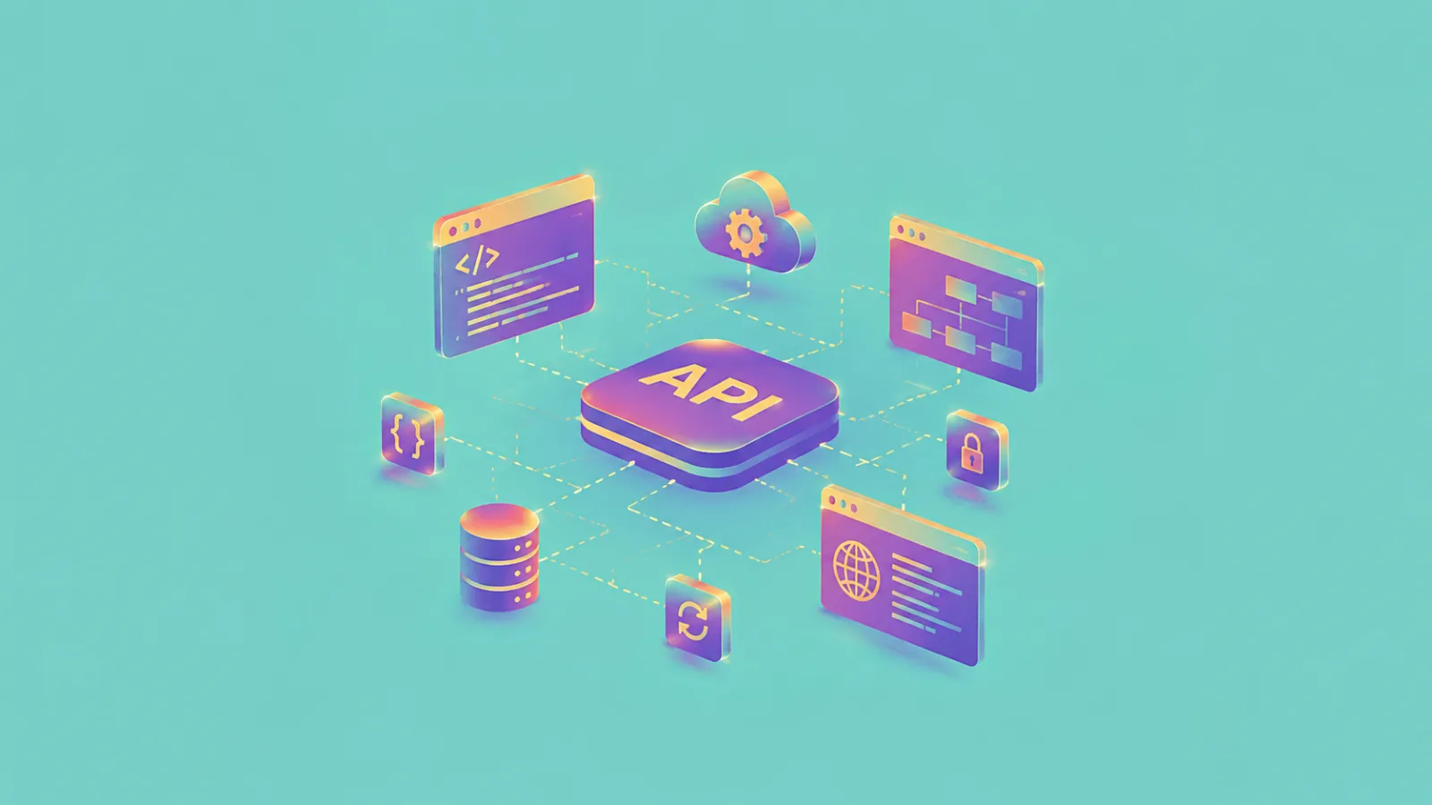 Isometric illustration of an API cube connected to code, a database, a cloud, and security and sync icons