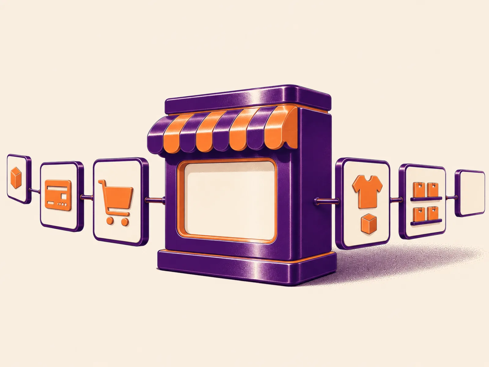Illustration of a storefront kiosk connected to icons for payment, cart, apparel, and packaging